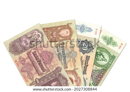 some historic hungarian pengoe banknotes with copy space above Stock fotó © 