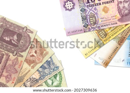 some historic hungarian pengoe and new forint banknotes with copy space Stock fotó © 