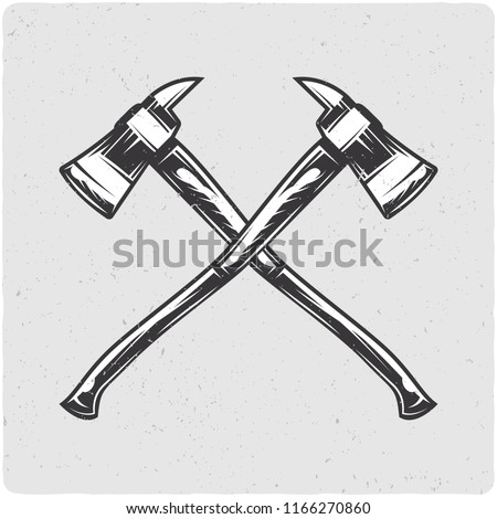 Two firefighter's axes. Black and white illustration. Isolated on light backgrond with grunge noise and frame.