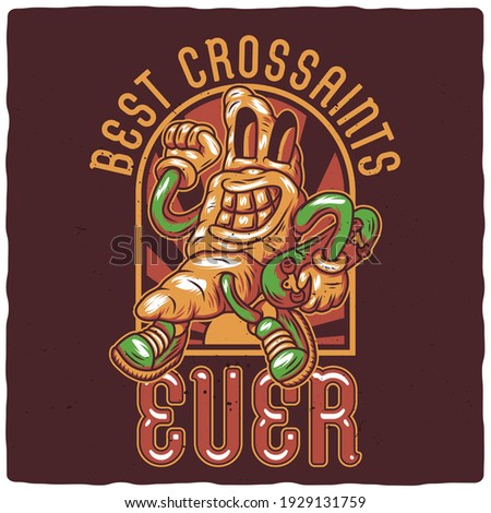 T-shirt or poster design with illustration of funny croissant with skateboard