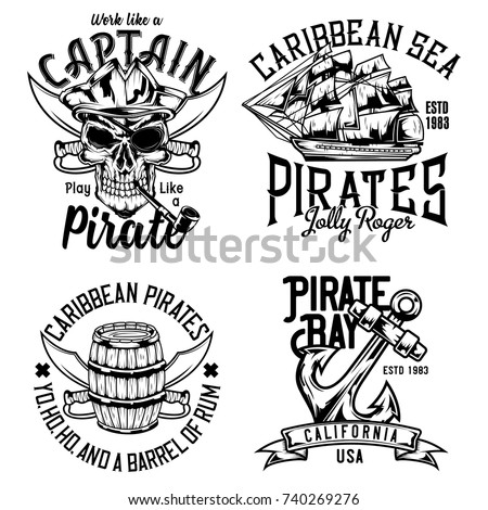 Set of vintage pirate emblems, labels, badges, logos. Isolated on white