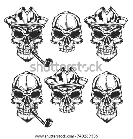 Set of pirate skulls for creating your own badges, logos, labels, posters etc. Isolated on white