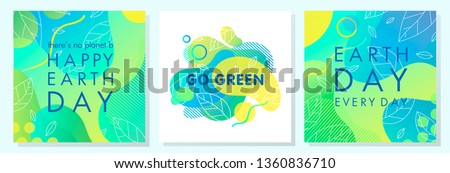 Set of Earth Day posters with bright gradient backgrounds,liquid shapes,tiny leaves and geometric elements.Earth Day layouts perfect for prints, flyers,covers,banners design and more.Eco concepts.