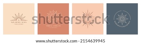 Set of vector bohemian logo design templates with star,sun and sunburst.Modern celestial emblems.Branding boho design.Sol de la Vega means Sun of the Valley,Solar del Alma means Sun of the Soul.