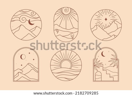 Vector linear boho icons with mountains landscape,desert with cacti,sea.Travel emblems with mountains or sand dunes;moon and aurora lights.Modern bohemian symbols in oriental style.