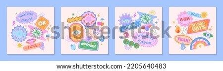 Vector set of cute fun templates with patches and stickers in 90s style.Modern symbols in y2k aesthetic with text.Trendy kidcore designs for banners,social media marketing,branding,packaging,covers