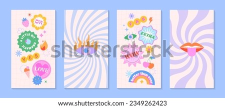 Vector insta story templates with patches and stickers in 90s style.Smm banners in y2k aesthetic with spiral backgrounds.Funky designs for social media marketing,branding,packaging