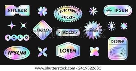 Vector set of holographic stickers and patches.Modern iridescent labels with copy space for text.Trendy cosmic emblems for banners,social media marketing,branding,packaging,offers