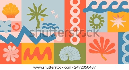 Vector summer illustration with nature organic shapes,doodles.Groovy boho palm,beach,surf,waves,sun,seashells graphic symbols and elements.Summer vacation background in simple funny style.