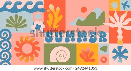 Vector summer illustration with nature organic shapes,doodles.Groovy boho palm,beach,surf,waves,sun,seashells graphic symbols and elements.Summer vacation background in simple funny style.