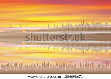 Fantasy on the theme of sunset on the lake. Bright sunset, forest, reflection. Vector illustration, EPS10