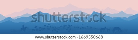 Fantasy on the theme of life in Central Asia. Nomads life, shepherd grazes a flock of sheep, horse. Panoramic view, morning haze, vector illustration. 