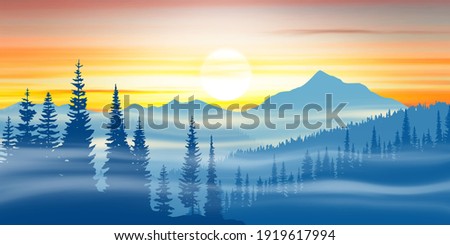 Mountain landscape at sunset, fog and forest
