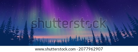 Contour of trees against the background of aurora borealis, winter holiday illustration