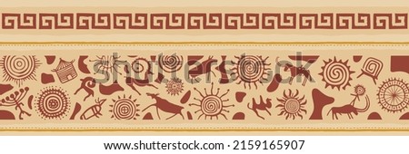 Ethnic border on the theme of rock paintings, vector design. Seamless pattern, banner. 