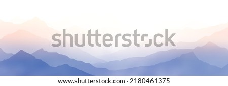 Sunrise in the mountains, mountain ranges in the morning fog, panoramic view, vector illustration