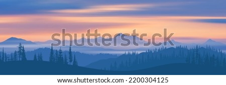 Sunrise in the mountains, ridge in the morning fog, panoramic view