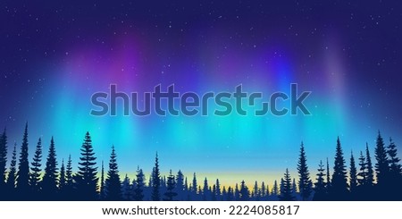 Aurora borealis and forest on the horizon, northern lights and stars, winter holiday illustration