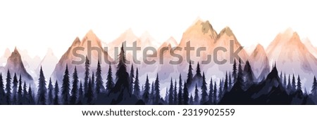Mountain scenery, peaks at dawn, wild forest, panoramic view