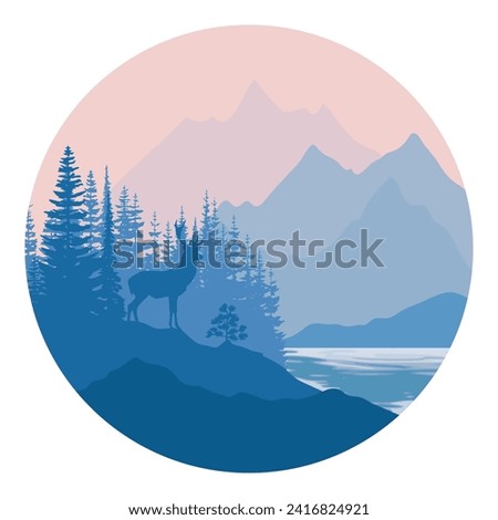 Mountain landscape, deer on the shore of a mountain lake,  round design element, vector illustration