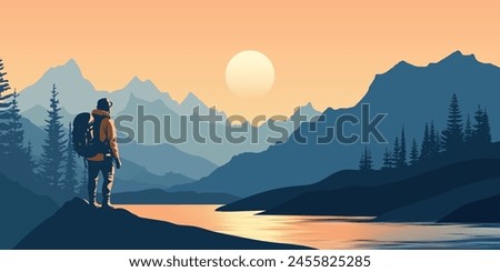 A tourist meets the sunrise in the mountains, hiking, adventure tourism and travel, vector illustration