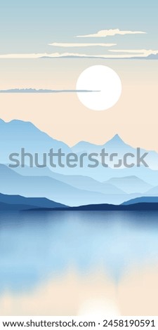 Mountain lake at dawn, morning light and sun, scenic reflection, vertical banner, vector illustration