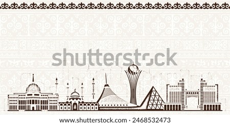 Ethnic background, frame, sights of Astana - capital of Kazakhstan, vector design