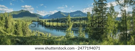 Similar – Image, Stock Photo Wild forest, river, meadow sunset panorama. Idyllic autumn sunny landscape, rural aerial scene