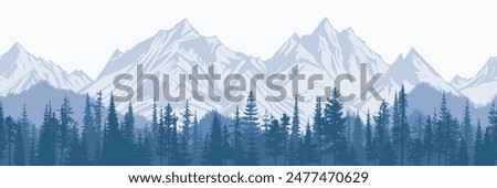 Mountain landscape with forest, morning haze, vector illustration, panoramic view