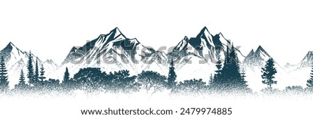 Vector sketch, mountains and forest, imitation of a pencil drawing