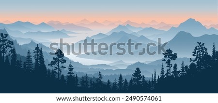 Sunrise in the mountains, misty silhouettes of ridges, panoramic view, vector illustration