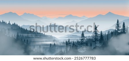 Sunrise in the mountains, misty silhouettes of ridges, forest in the fog, vector illustration