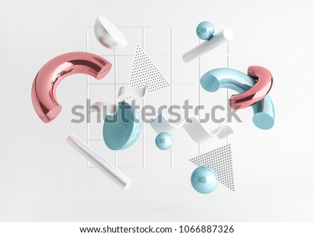 3d render realistic primitives composition. Flying shapes in motion isolated on white background. Abstract theme for trendy designs. Spheres, torus, tubes, cones in metallic blue and pink colors. 商業照片 © 