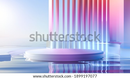 3d render round platform on water with glass wall panels. Minimal landscape mockup for product showcase banner in rainbow colors. Modern design promotion mock up. Geometric background with empty space