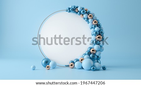 Balloon garland decoration elements. Frame arch for wedding, birthday, baby shower party celebration. Pastel blue and gold banner background with white round empty space. 3d render illustration.