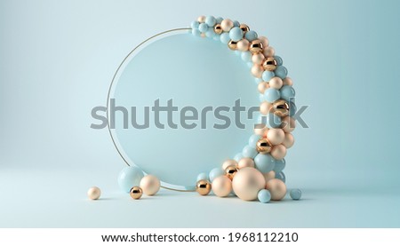 Balloon garland decoration elements. Frame arch for wedding, birthday, baby shower party celebration. Pastel turquoise and gold banner background with white round empty space. 3d render illustration.