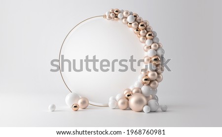 Balloon garland decoration elements. Frame arch for wedding, birthday, baby shower party celebration. Pastel  white and gold banner background with round empty space. 3d render illustration.
