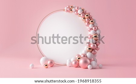 Balloon garland decoration elements. Frame arch for wedding, birthday, baby shower party celebration. Pastel pink, white and gold banner background with round empty space. 3d render illustration.