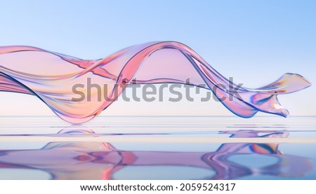 3d render abstract background in nature landscape. Transparent glossy glass ribbon on water. Holographic pink curved wave in motion. Iridescent design element for banner background, wallpaper. Stock foto © 