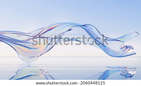3d render abstract background in nature landscape. Transparent glossy glass ribbon on water. Holographic curved wave in motion. Iridescent design element for banner background, wallpaper. ストックフォト © 