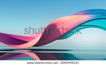 Abstract 3d render. Glass ribbon on water. Holographic shape in motion. Iridescent gradient digital art for banner background, wallpaper. Transparent 
glossy design element flying in seascape. 