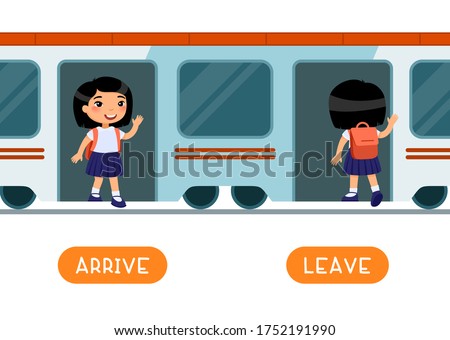ARRIVE and LEAVE antonyms word card vector template. Flashcard for english language learning. Opposites concept. Schoollgirl getting off train, entering train. Train arrival, departure. 