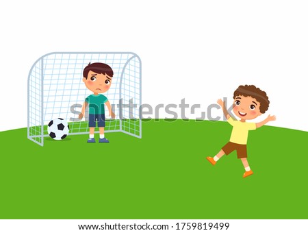 Two little boys are playing soccer flat vector illustration.Child scored a goal and enjoys the win. Kid is sad for losing. Kids playing outdoors cartoon character.  Summer recreation activity.