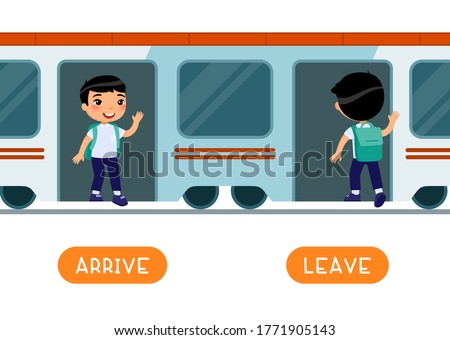 Antonyms concept, ARRIVE and LEAVE. Educational word card with opposites.  Flash card for English studying. Schoollboy getting off train, entering train. Train arrival, departure. Flat vector