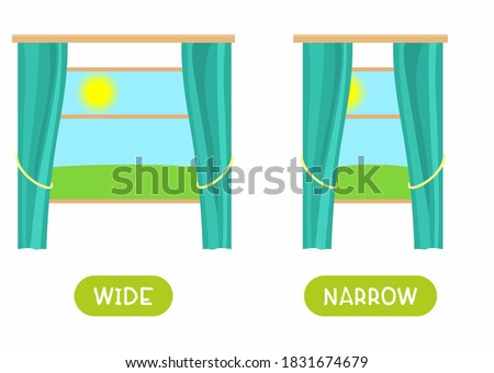 Antonyms concept, WIDE and NARROW. Educational flash card with curtained windows of different widths template. Word card for english language learning with opposites. Flat vector illustration 
