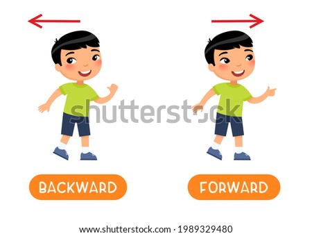 Backward and forward antonyms word, opposites concept. Flashcard for English language learning. Asian boy steps backward and steps forward and the arrows indicate the direction