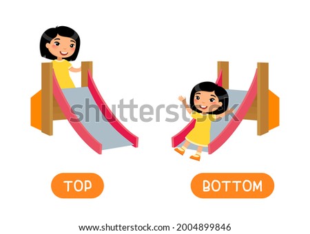 TOP and BOTTOM antonyms word card, Opposites concept. Flashcard for English language learning. Little Asian girl goes up the slide in the playground, the child goes down the slide