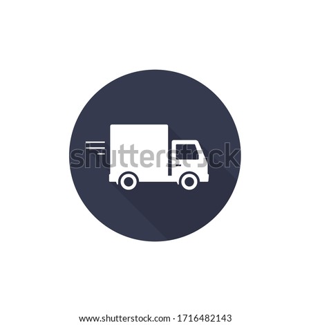 Delivery truck icon isolated on black round background with long shadow. Vector sign flat design illustration.