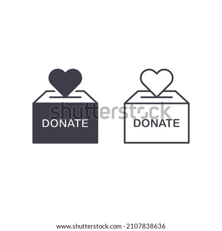 Heart with donate box icon, outline vector sign isolated on white. Charity illustration.