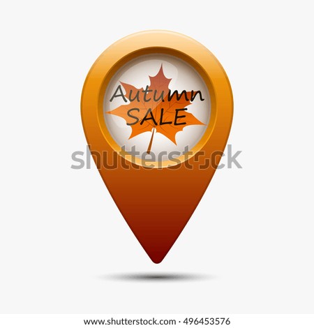 Map pointer with autumn sale message. Location of the autumn season sale. Vector isolated illustration. 